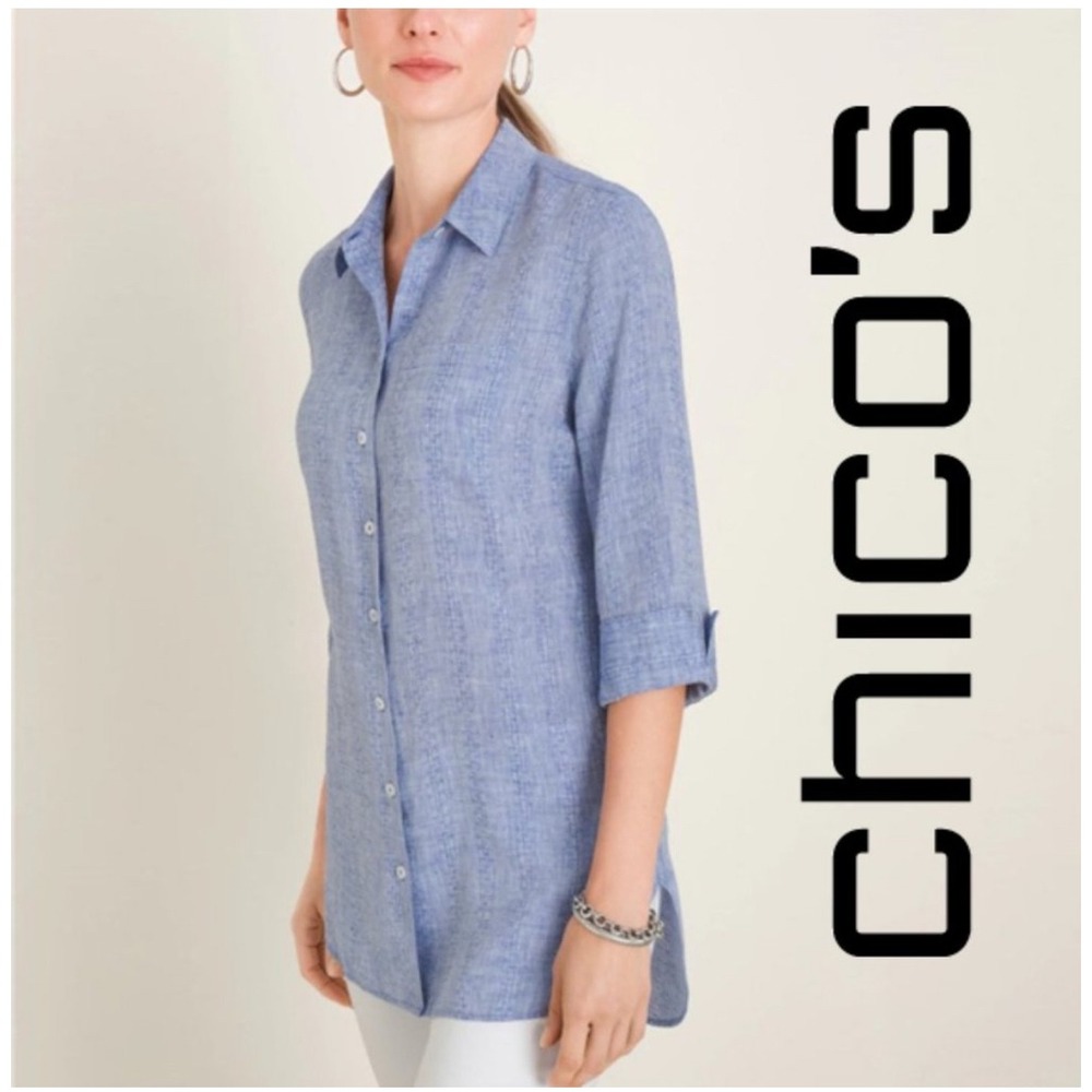 Chico's Linen Tunic Top Button Down 3/4 Sleeve Blue Blouse